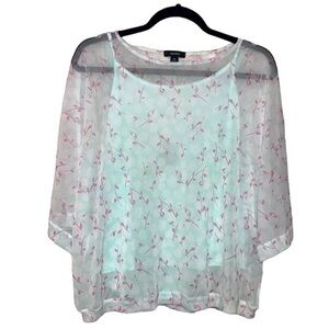 ALFANI Mint Green Floral Blouse Size XL Petite Sheer Short Sleeve Top Over Cami